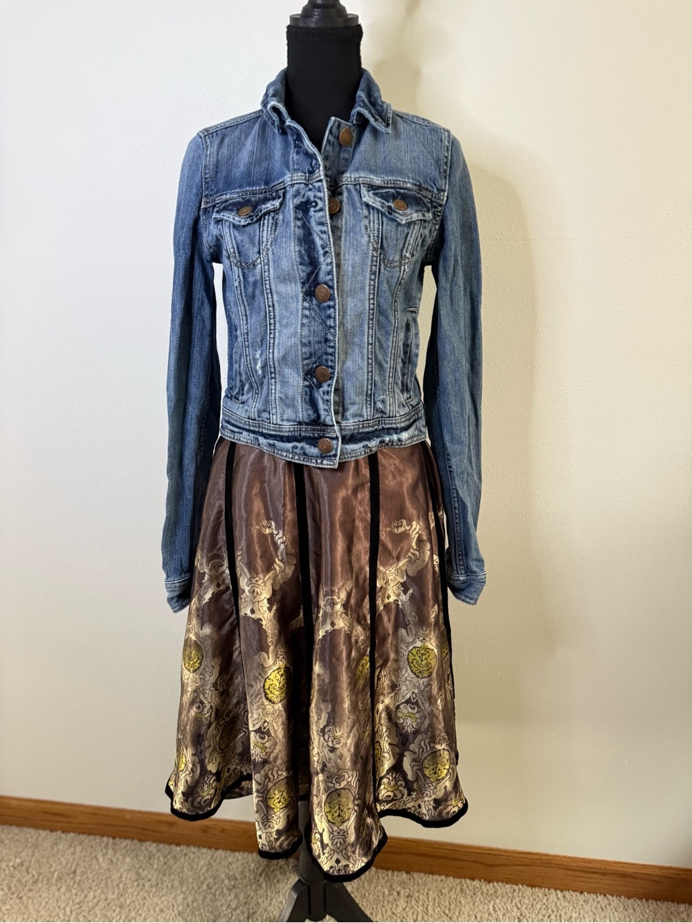 Apostrophe Metallic Brocade Midi Skirt Bronze Gold Velvet Size 2 - Picture 3 of 12